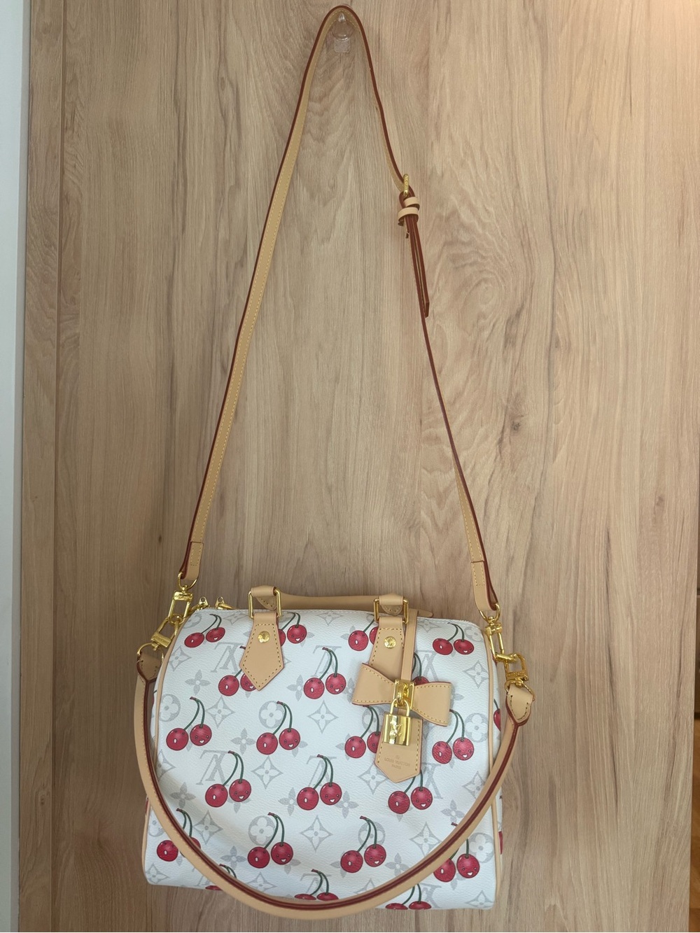 Louis Vuitton White Cherry Print Satchel with Yellow Trim